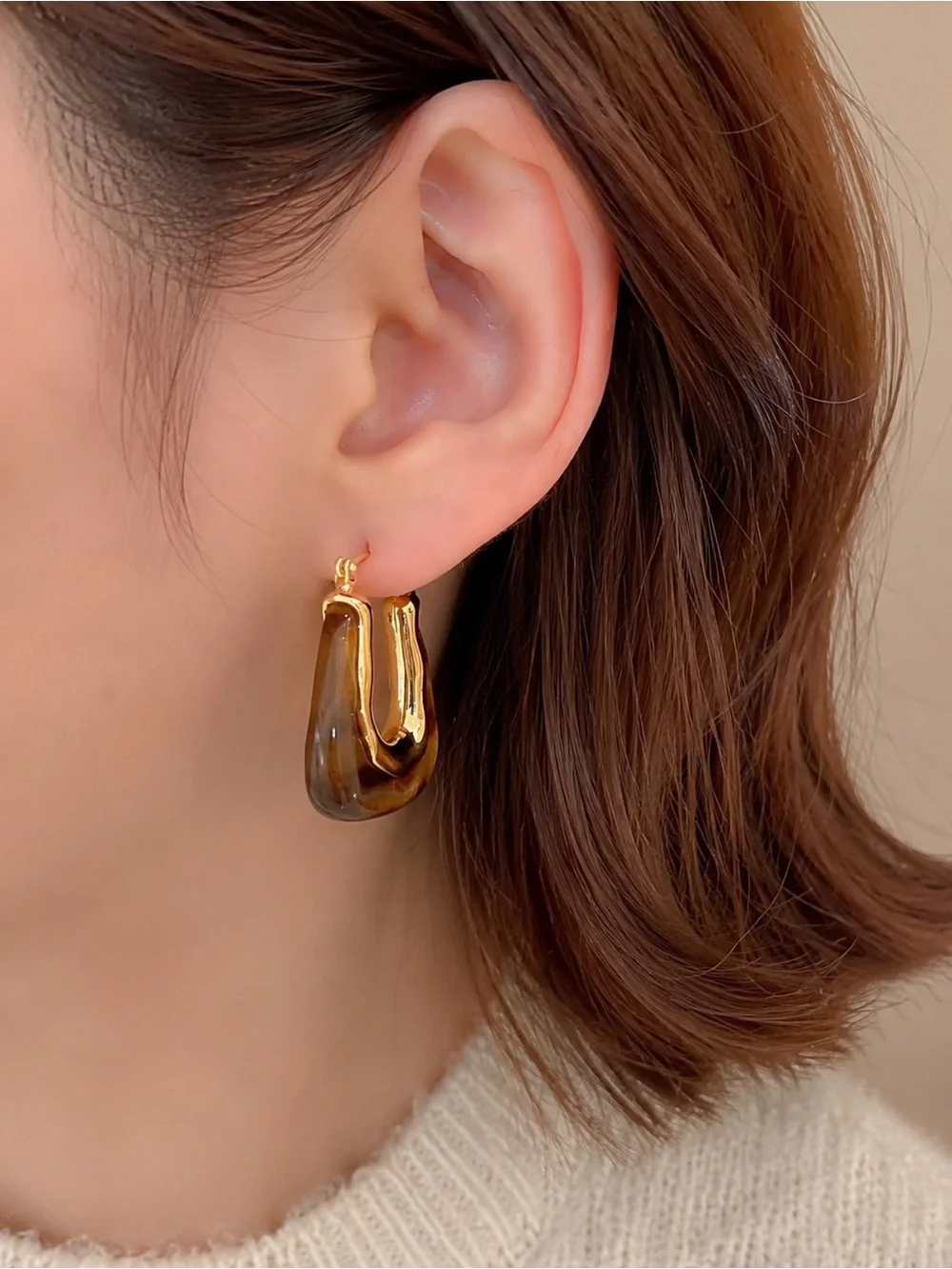 Anthropologie Gold and Smoky Brown Sculptural Drop Earrings - Women Jewelry NWOT